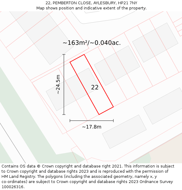 22, PEMBERTON CLOSE, AYLESBURY, HP21 7NY: Plot and title map