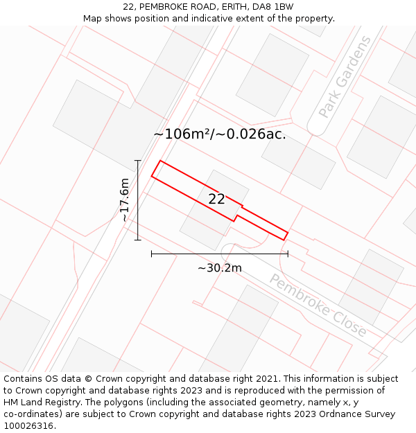 22, PEMBROKE ROAD, ERITH, DA8 1BW: Plot and title map