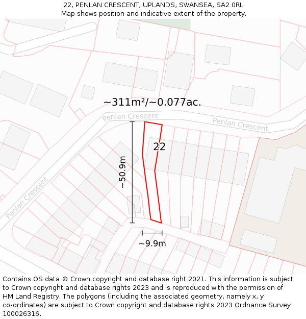 22, PENLAN CRESCENT, UPLANDS, SWANSEA, SA2 0RL: Plot and title map