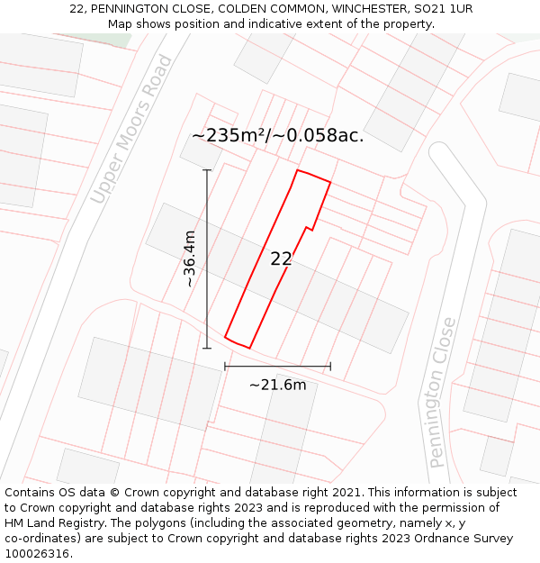 22, PENNINGTON CLOSE, COLDEN COMMON, WINCHESTER, SO21 1UR: Plot and title map