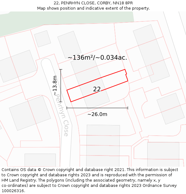 22, PENRHYN CLOSE, CORBY, NN18 8PR: Plot and title map