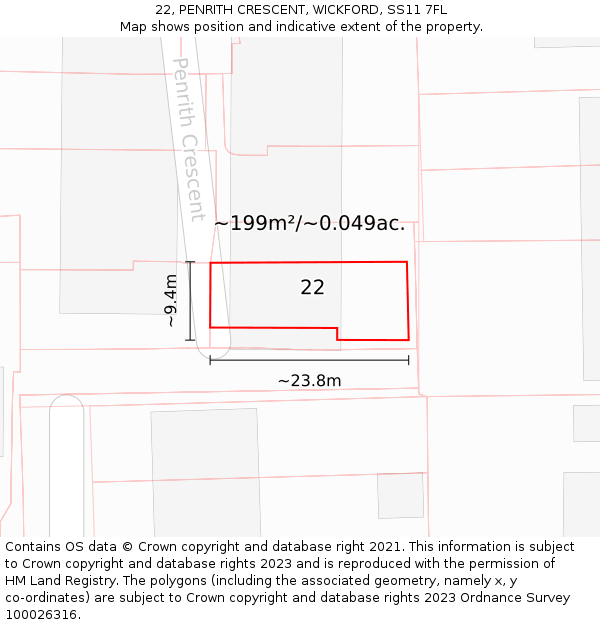 22, PENRITH CRESCENT, WICKFORD, SS11 7FL: Plot and title map
