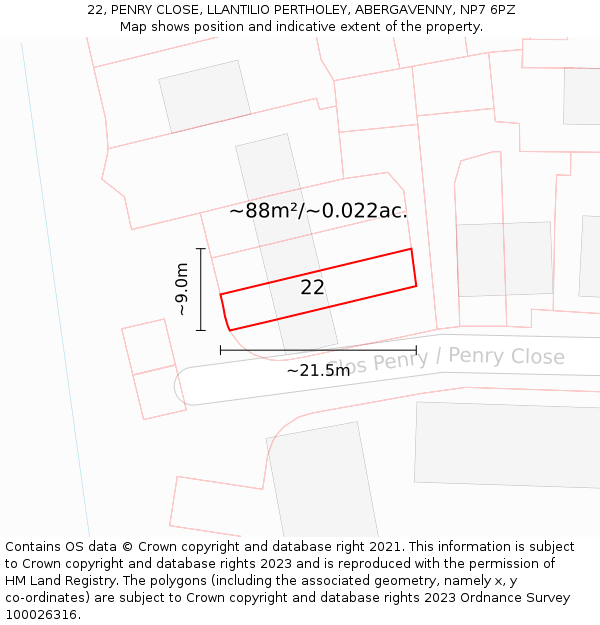 22, PENRY CLOSE, LLANTILIO PERTHOLEY, ABERGAVENNY, NP7 6PZ: Plot and title map