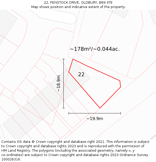 22, PENSTOCK DRIVE, OLDBURY, B69 4TE: Plot and title map