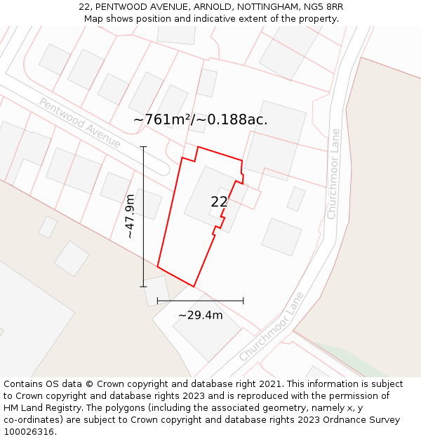 22, PENTWOOD AVENUE, ARNOLD, NOTTINGHAM, NG5 8RR: Plot and title map
