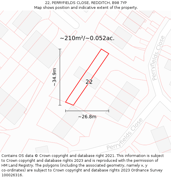 22, PERRYFIELDS CLOSE, REDDITCH, B98 7YP: Plot and title map