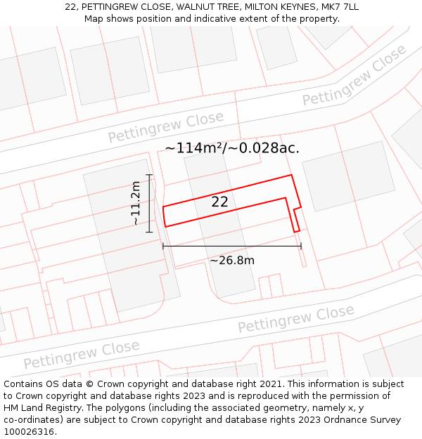 22, PETTINGREW CLOSE, WALNUT TREE, MILTON KEYNES, MK7 7LL: Plot and title map