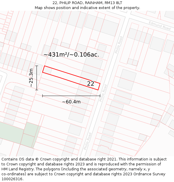 22, PHILIP ROAD, RAINHAM, RM13 8LT: Plot and title map