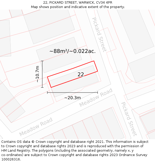 22, PICKARD STREET, WARWICK, CV34 4PR: Plot and title map