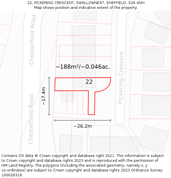 22, PICKERING CRESCENT, SWALLOWNEST, SHEFFIELD, S26 4NH: Plot and title map