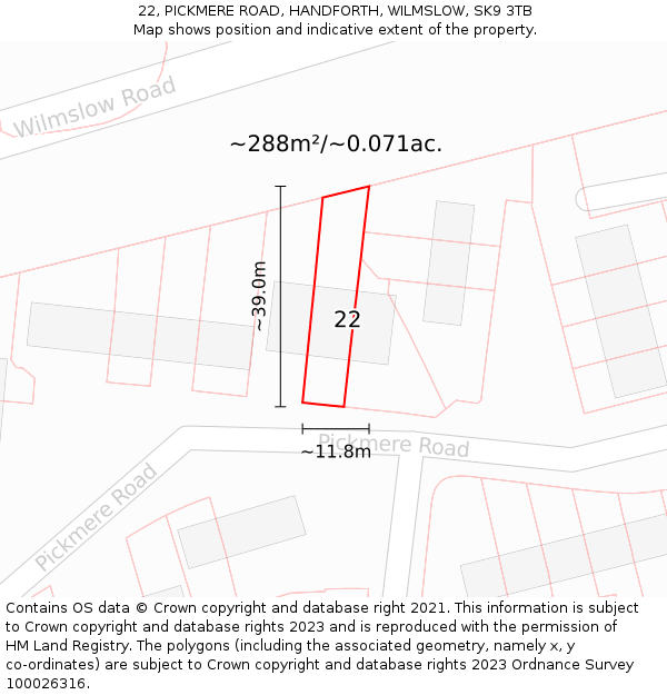 22, PICKMERE ROAD, HANDFORTH, WILMSLOW, SK9 3TB: Plot and title map