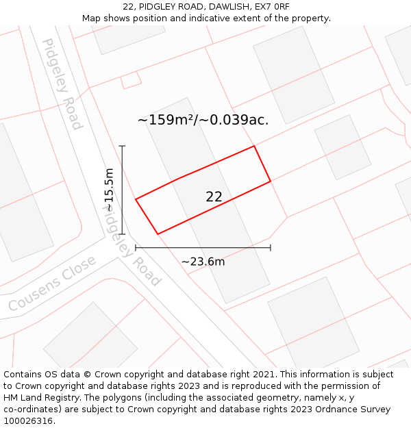 22, PIDGLEY ROAD, DAWLISH, EX7 0RF: Plot and title map