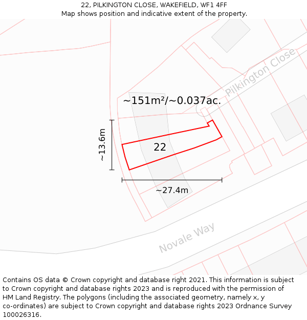 22, PILKINGTON CLOSE, WAKEFIELD, WF1 4FF: Plot and title map