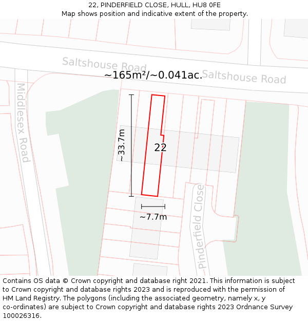 22, PINDERFIELD CLOSE, HULL, HU8 0FE: Plot and title map