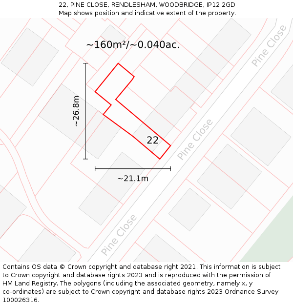 22, PINE CLOSE, RENDLESHAM, WOODBRIDGE, IP12 2GD: Plot and title map