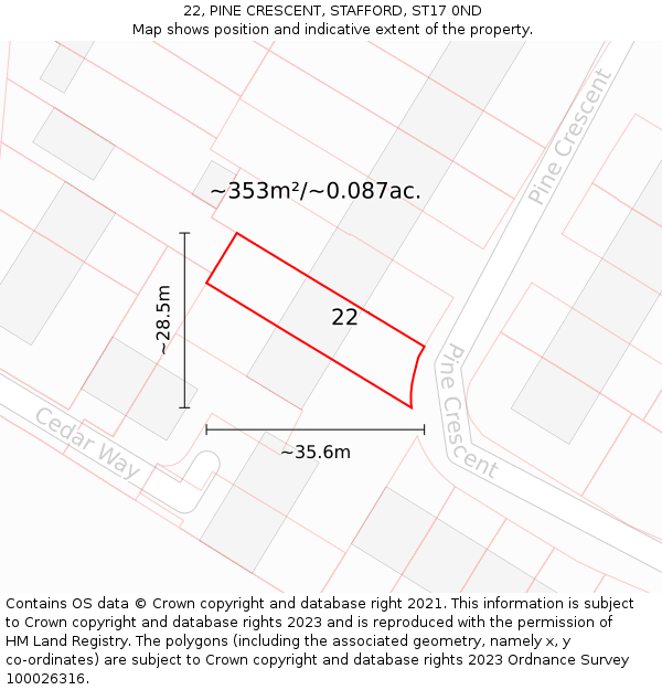 22, PINE CRESCENT, STAFFORD, ST17 0ND: Plot and title map