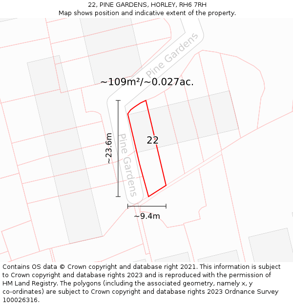 22, PINE GARDENS, HORLEY, RH6 7RH: Plot and title map