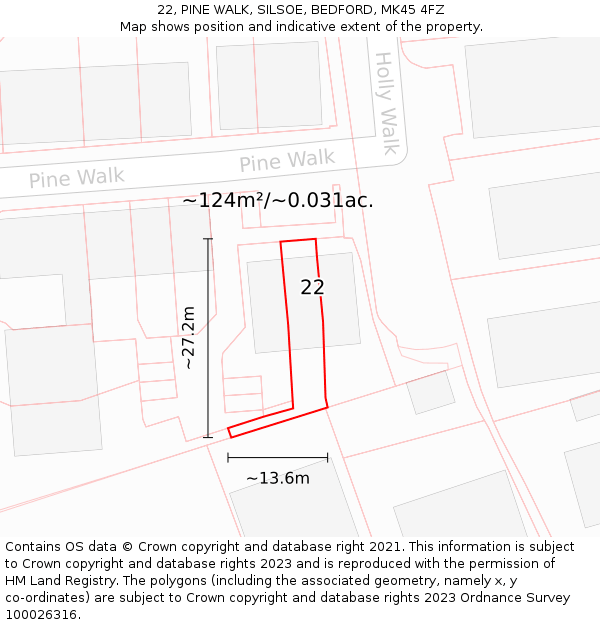22, PINE WALK, SILSOE, BEDFORD, MK45 4FZ: Plot and title map