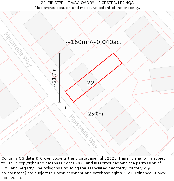 22, PIPISTRELLE WAY, OADBY, LEICESTER, LE2 4QA: Plot and title map