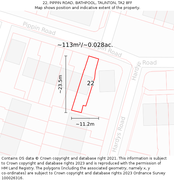 22, PIPPIN ROAD, BATHPOOL, TAUNTON, TA2 8FF: Plot and title map