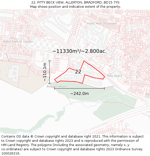 22, PITTY BECK VIEW, ALLERTON, BRADFORD, BD15 7YS: Plot and title map