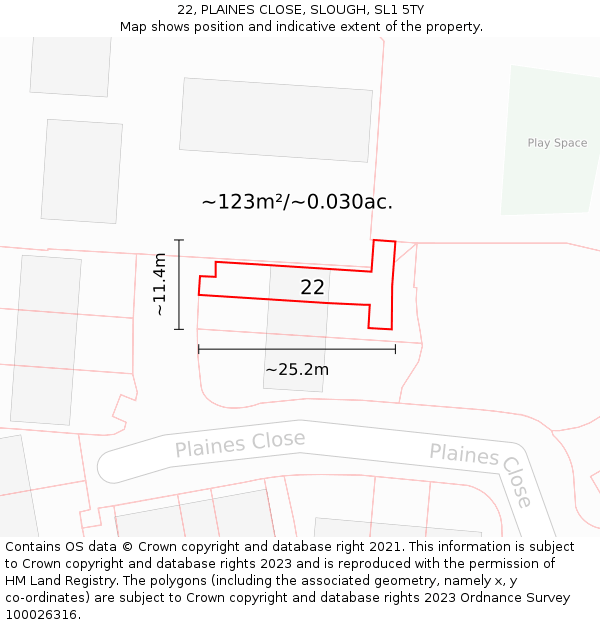 22, PLAINES CLOSE, SLOUGH, SL1 5TY: Plot and title map