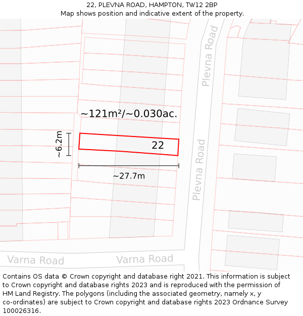 22, PLEVNA ROAD, HAMPTON, TW12 2BP: Plot and title map