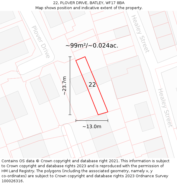 22, PLOVER DRIVE, BATLEY, WF17 8BA: Plot and title map