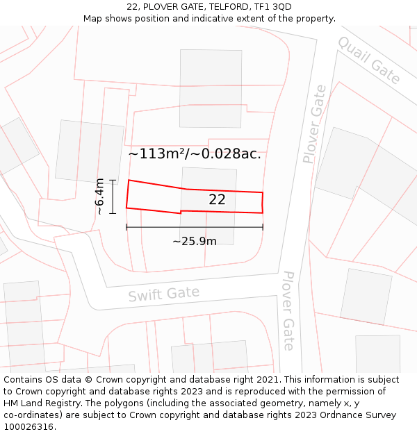 22, PLOVER GATE, TELFORD, TF1 3QD: Plot and title map