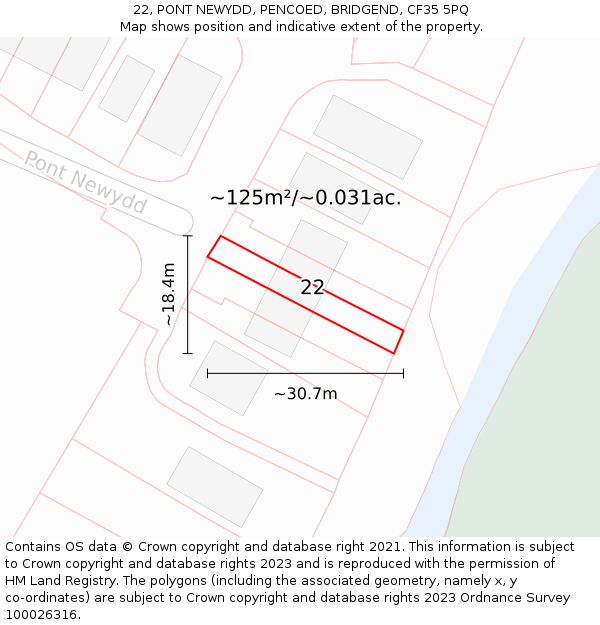22, PONT NEWYDD, PENCOED, BRIDGEND, CF35 5PQ: Plot and title map