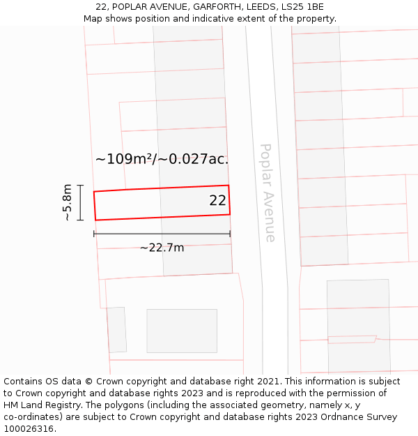 22, POPLAR AVENUE, GARFORTH, LEEDS, LS25 1BE: Plot and title map