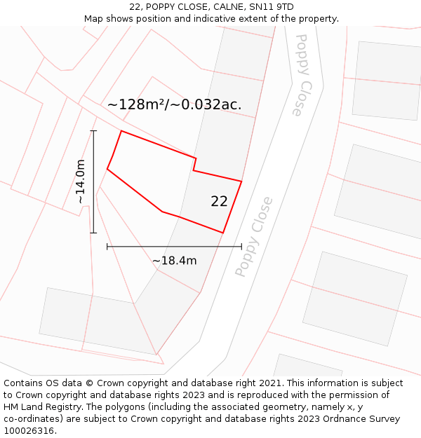 22, POPPY CLOSE, CALNE, SN11 9TD: Plot and title map