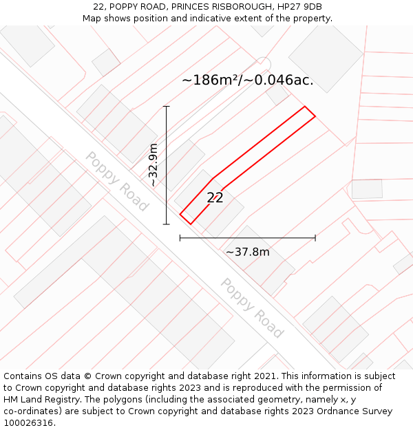 22, POPPY ROAD, PRINCES RISBOROUGH, HP27 9DB: Plot and title map