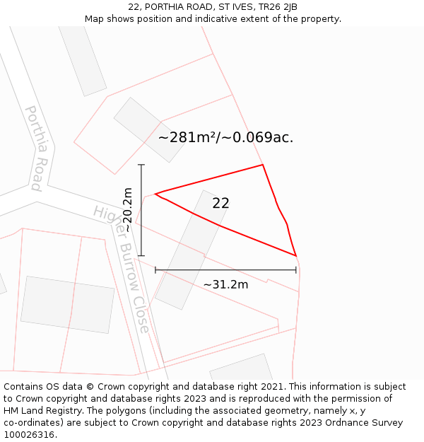 22, PORTHIA ROAD, ST IVES, TR26 2JB: Plot and title map