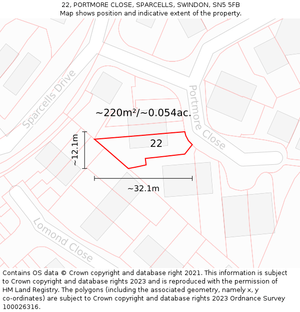 22, PORTMORE CLOSE, SPARCELLS, SWINDON, SN5 5FB: Plot and title map