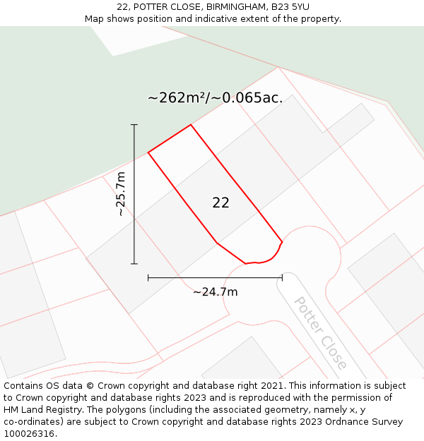 22, POTTER CLOSE, BIRMINGHAM, B23 5YU: Plot and title map