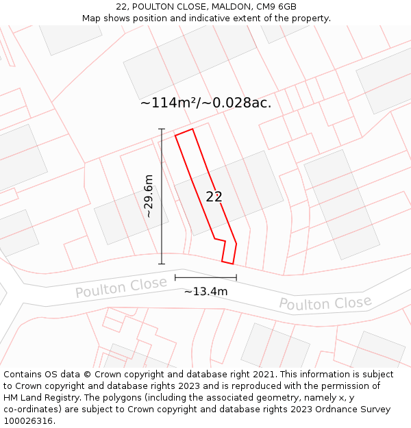 22, POULTON CLOSE, MALDON, CM9 6GB: Plot and title map