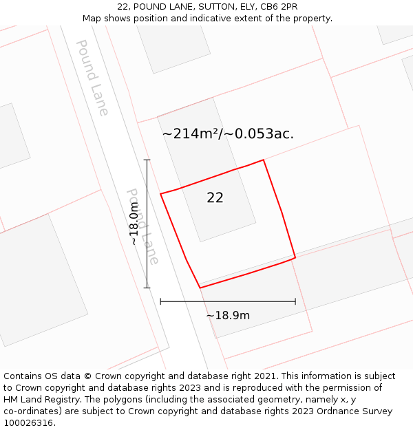 22, POUND LANE, SUTTON, ELY, CB6 2PR: Plot and title map