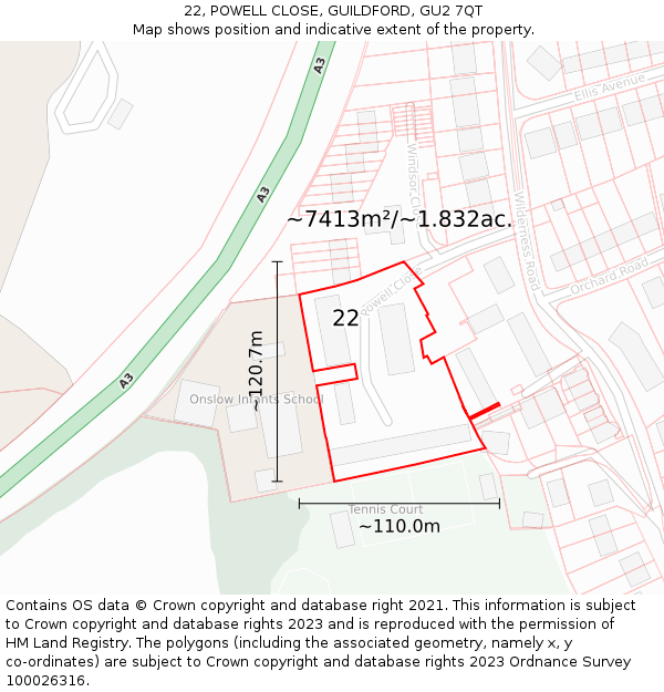 22, POWELL CLOSE, GUILDFORD, GU2 7QT: Plot and title map