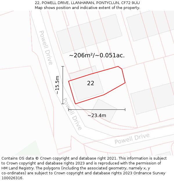 22, POWELL DRIVE, LLANHARAN, PONTYCLUN, CF72 9UU: Plot and title map
