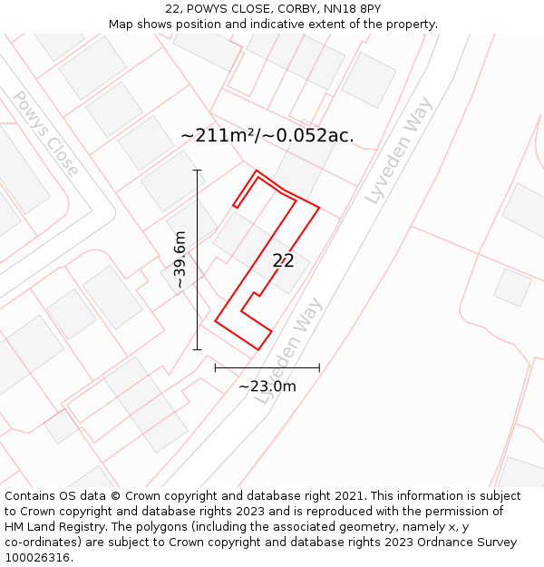 22, POWYS CLOSE, CORBY, NN18 8PY: Plot and title map