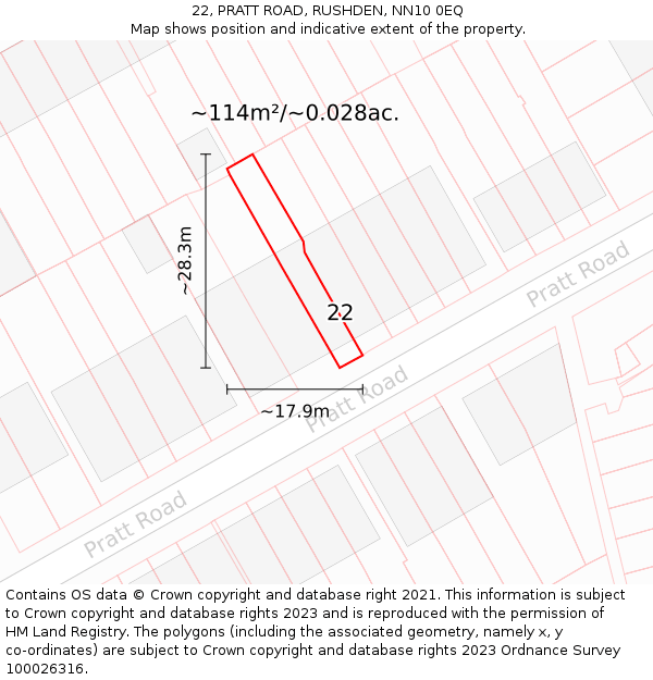 22, PRATT ROAD, RUSHDEN, NN10 0EQ: Plot and title map