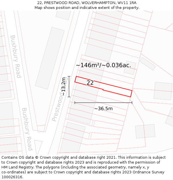 22, PRESTWOOD ROAD, WOLVERHAMPTON, WV11 1RA: Plot and title map