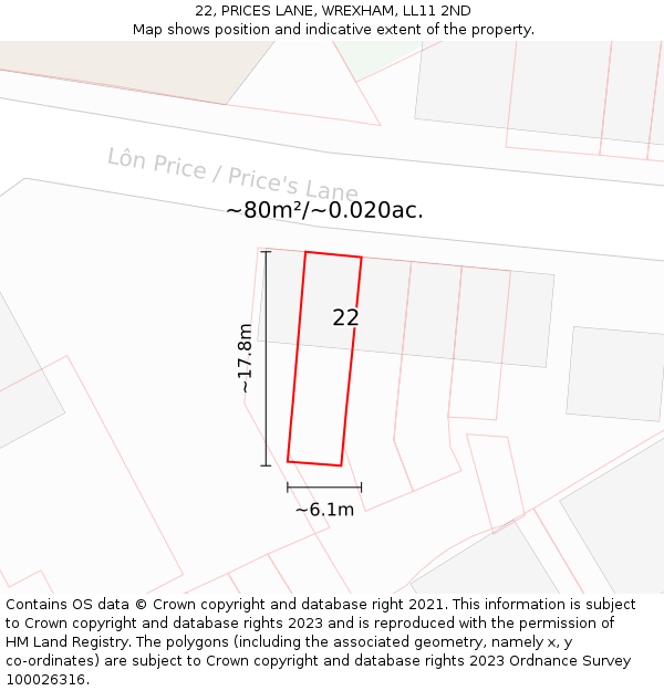 22, PRICES LANE, WREXHAM, LL11 2ND: Plot and title map