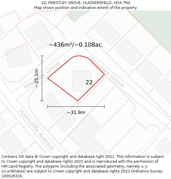 22, PRIESTLEY GROVE, HUDDERSFIELD, HD4 7RG: Plot and title map