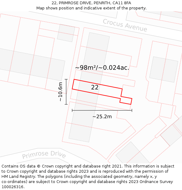 22, PRIMROSE DRIVE, PENRITH, CA11 8FA: Plot and title map