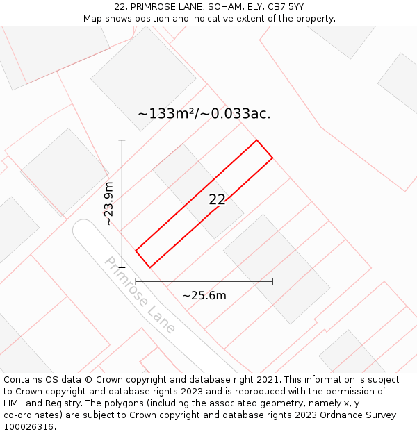 22, PRIMROSE LANE, SOHAM, ELY, CB7 5YY: Plot and title map
