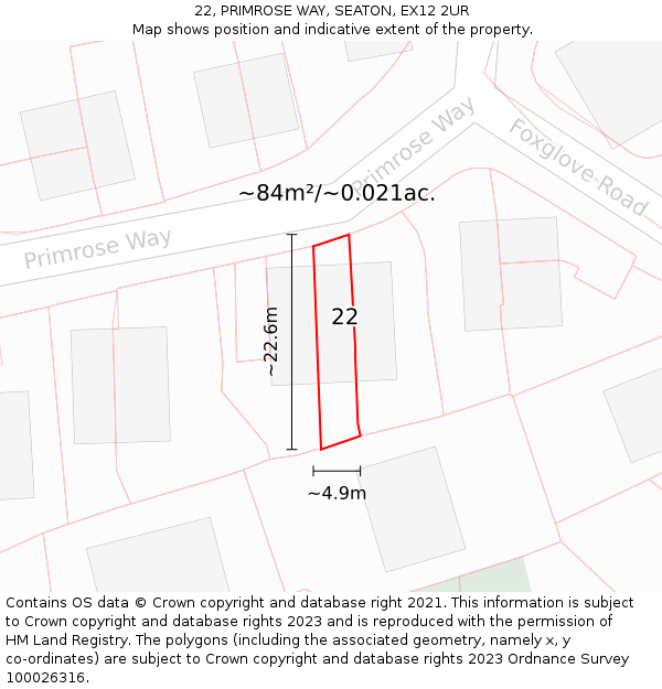 22, PRIMROSE WAY, SEATON, EX12 2UR: Plot and title map