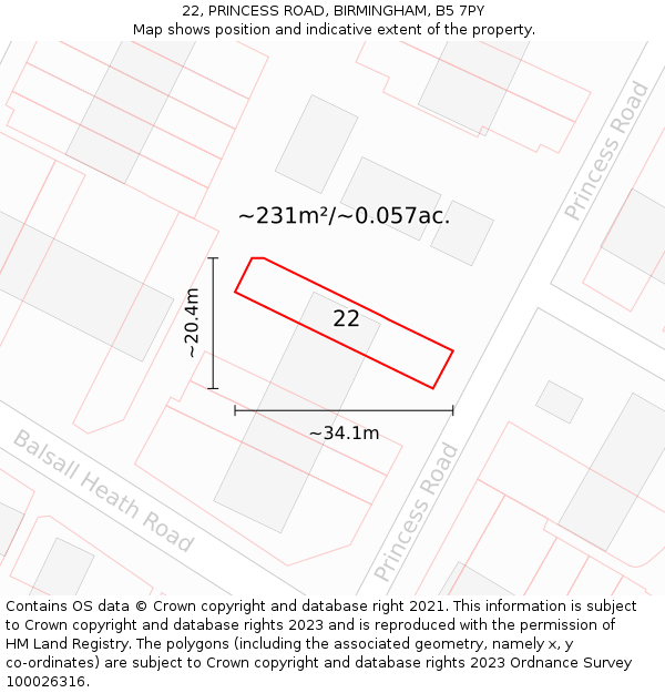 22, PRINCESS ROAD, BIRMINGHAM, B5 7PY: Plot and title map