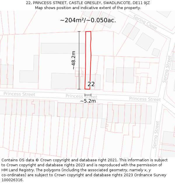22, PRINCESS STREET, CASTLE GRESLEY, SWADLINCOTE, DE11 9JZ: Plot and title map